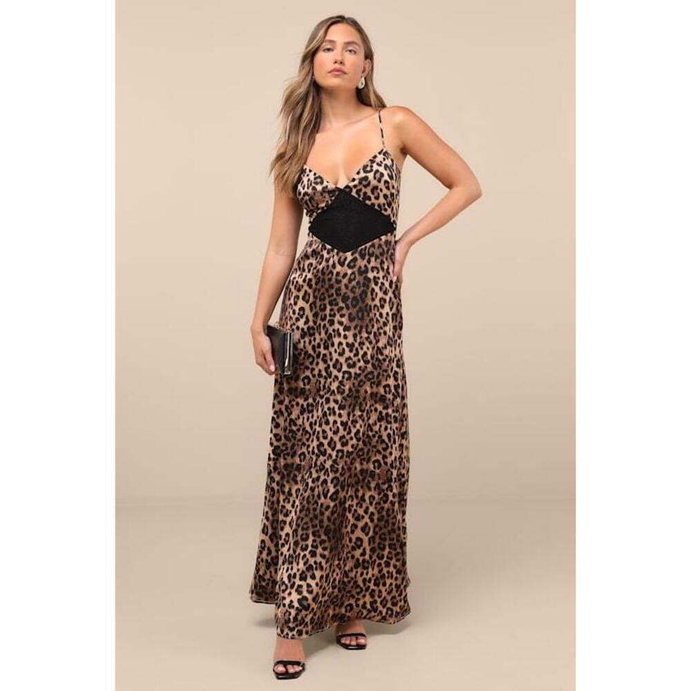 Lulus Livian Brown Leopard Satin Lace-up Maxi Dress - Size M